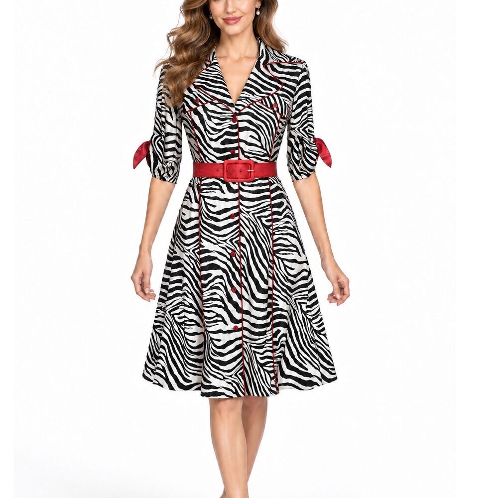 Vintage Zebra Print Red Trim Safari Fit & Flare Button up Belted Midi Dress